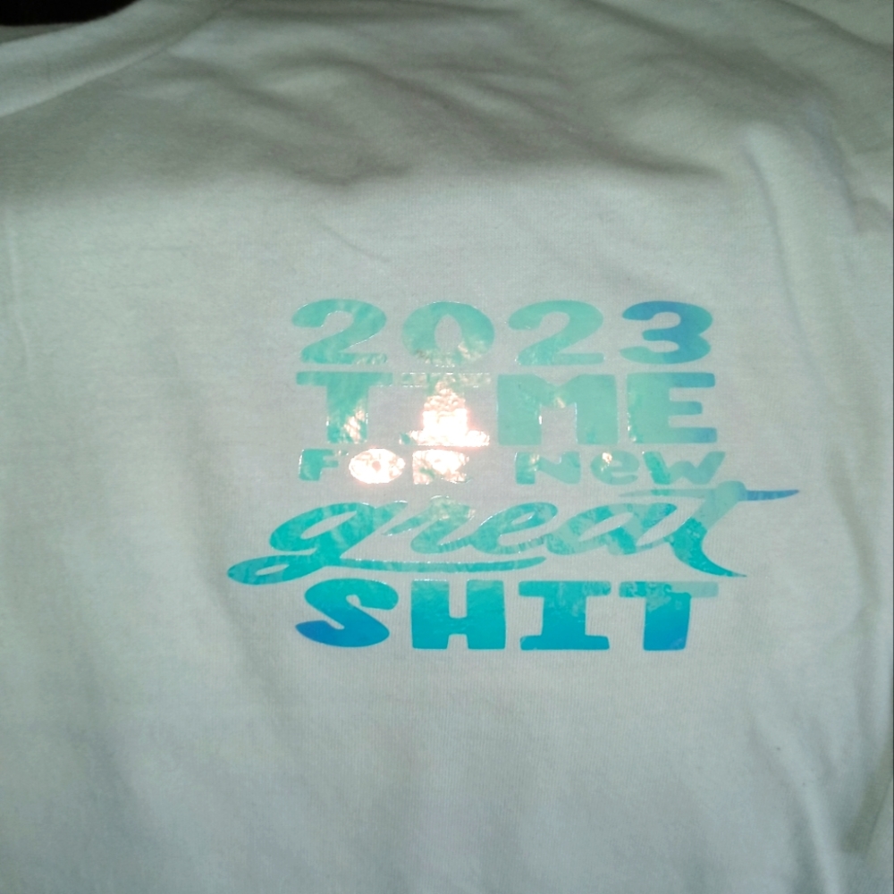 LG white 100% cotton prewashed T-shirt with permit iridescent 2023 comedy!